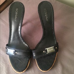BCBG Black w/cork heels & Silver “buckle” accents